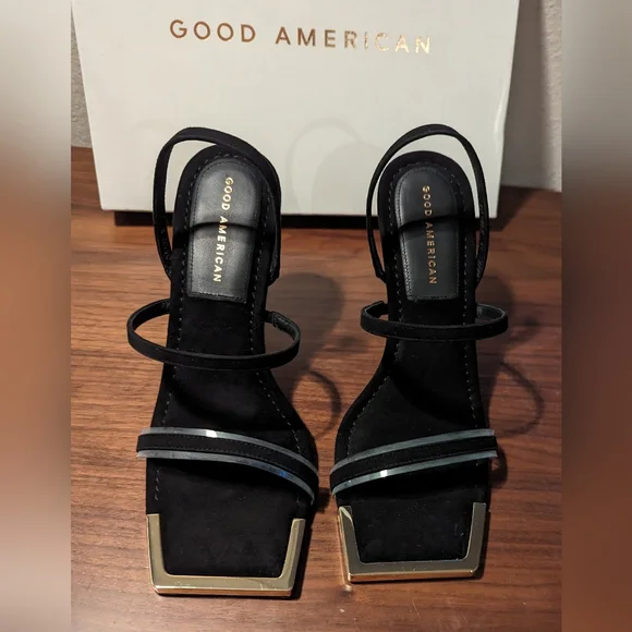 NWT & Box Sz 8.5 good American black suade sandal heels, square toe gold… - Picture 1 of 7